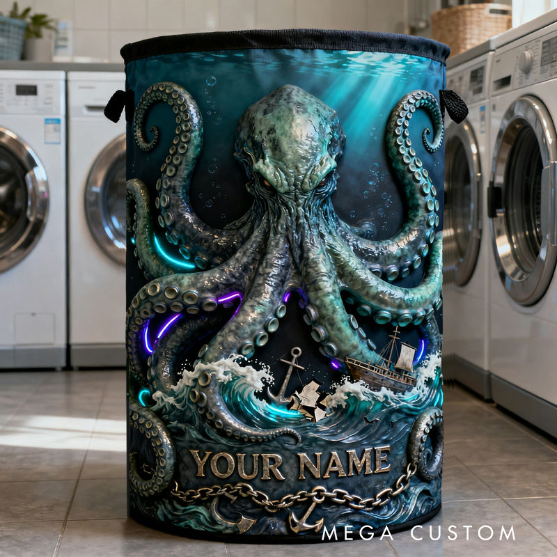 Personalized 2D Flat Deep Sea Octopus Vortex Storage Basket for Laundry Toys Organizer Laundry Hamper for Movie Lovers