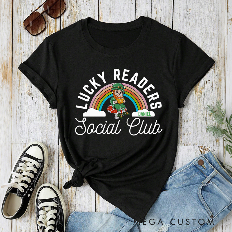 Personalized Lucky Readers Social Club Classic T-Shirts Bookish Retro St Patricks Day Leprechaun Librarian Tee with Name for Book Lover Irish Friends Gift