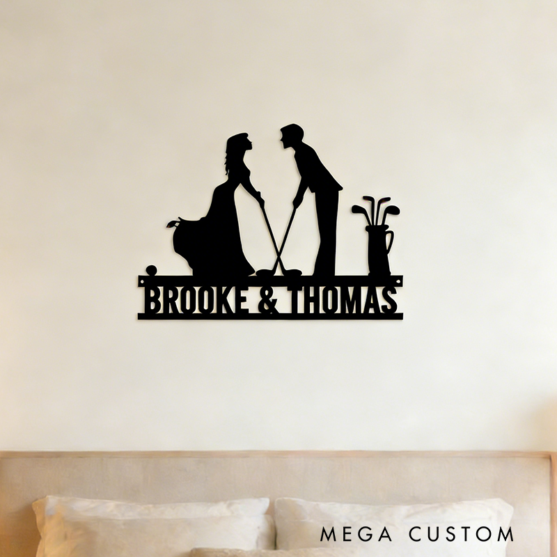 Personalized Couple's Golf Metal Wall Art with Custom Names for Romantic Decor