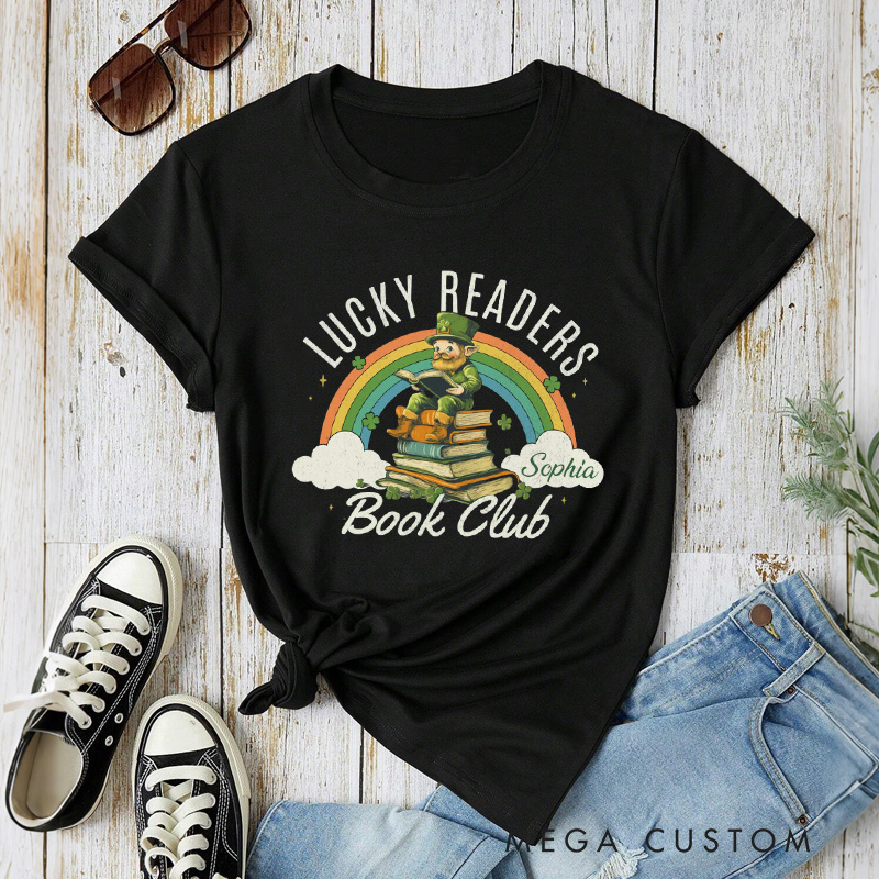 Personalized Lucky Readers Book Club Classic T-Shirts Rainbow Clover Heart Tee St Patricks Day Shirt with Name for Book Lover Librarian Irish Gift