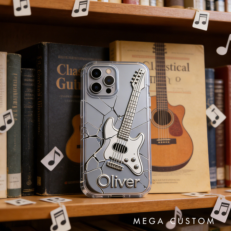 Personalized 2D Flat Cracked Guitar Silver Phone Case Music Lover iPhone Case Music Gift