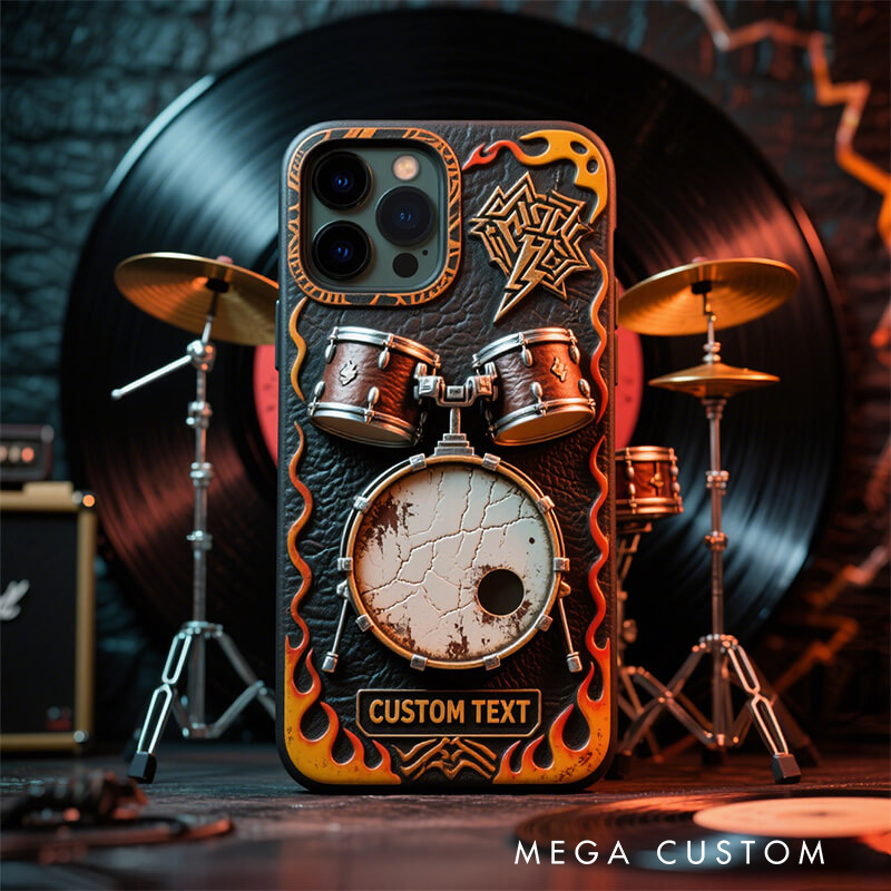 Personalized 2D Flat Drum Set Flame Theme Phone Case Music Lover iPhone Case Music Gift
