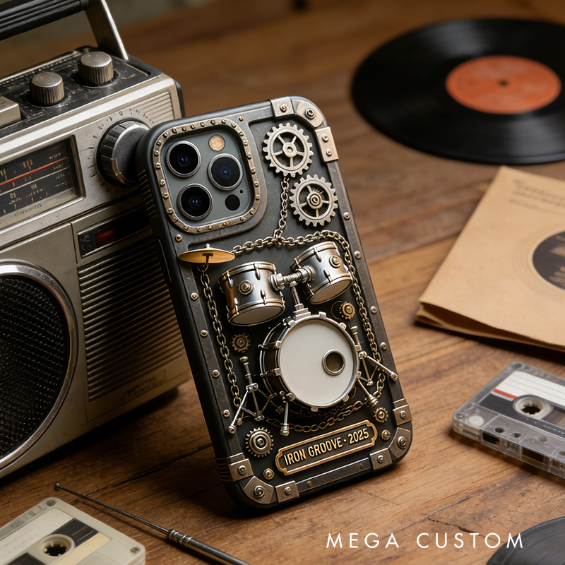 Personalized 2D Flat Drum Set Industrial Theme Phone Case Music Lover iPhone Case Music Gift