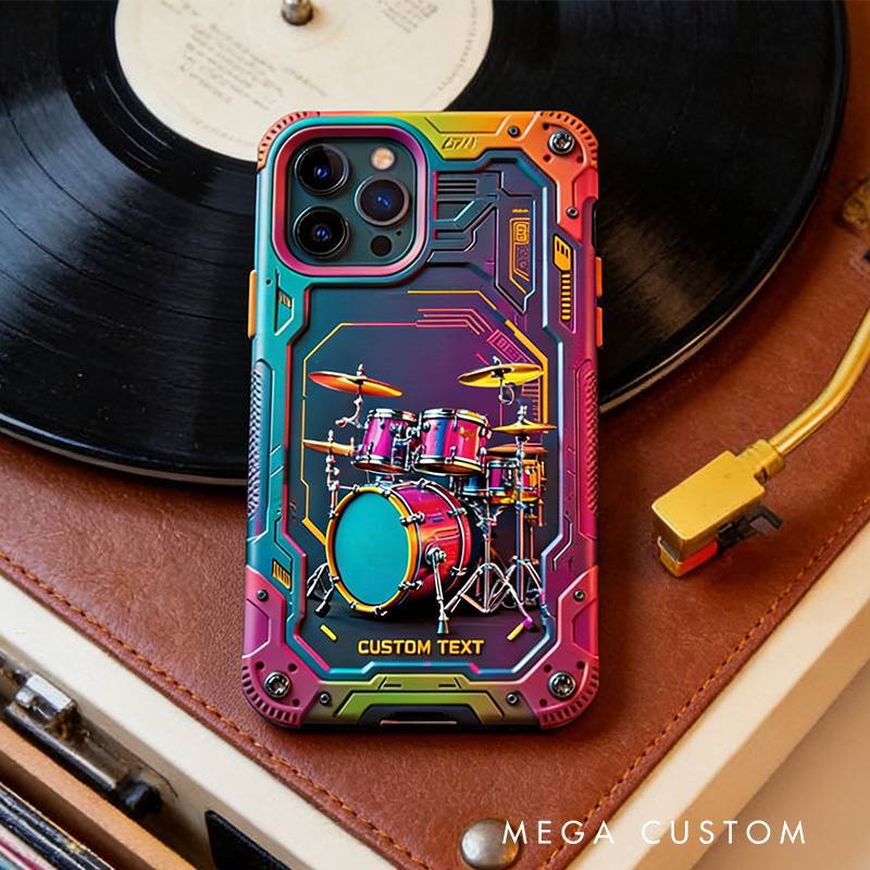 Personalized 2D Flat Drum Set Cyberpunk Theme Phone Case Music Lover iPhone Case Music Gift