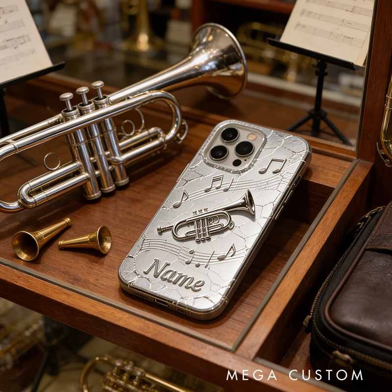 Personalized 2D Flat Cracked Silver Trumpet Instrument Phone Case Music Lover iPhone Case Music Gift