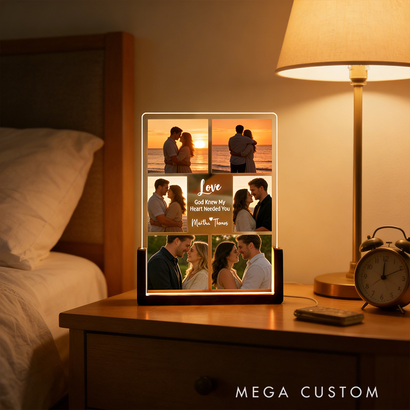 Personalized God Knew My Heart Needed You 6 Photos Acrylic LED Night Light with Custom Name Text and Wooden Base Valentine's Day Gift for Couple