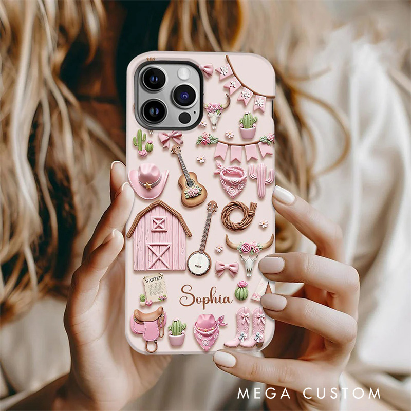 Personalized 2D Flat Pink Cowgirl Country Music Phone Case Music Lover iPhone Case Music Gift