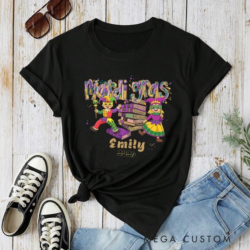 Personalized Mardi Gras Book Classic T-Shirts with Jesters and Books Carnival Bookish Shirt with Name Gift for Book Lover Bookworm Reader