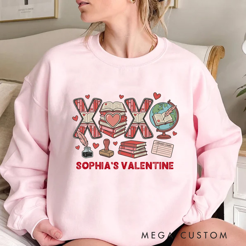 Personalized XOXO Sweatshirt Floral Book shirt with Name Valentines Day Gift for Book Lover Reader Girlfriend Wife Women