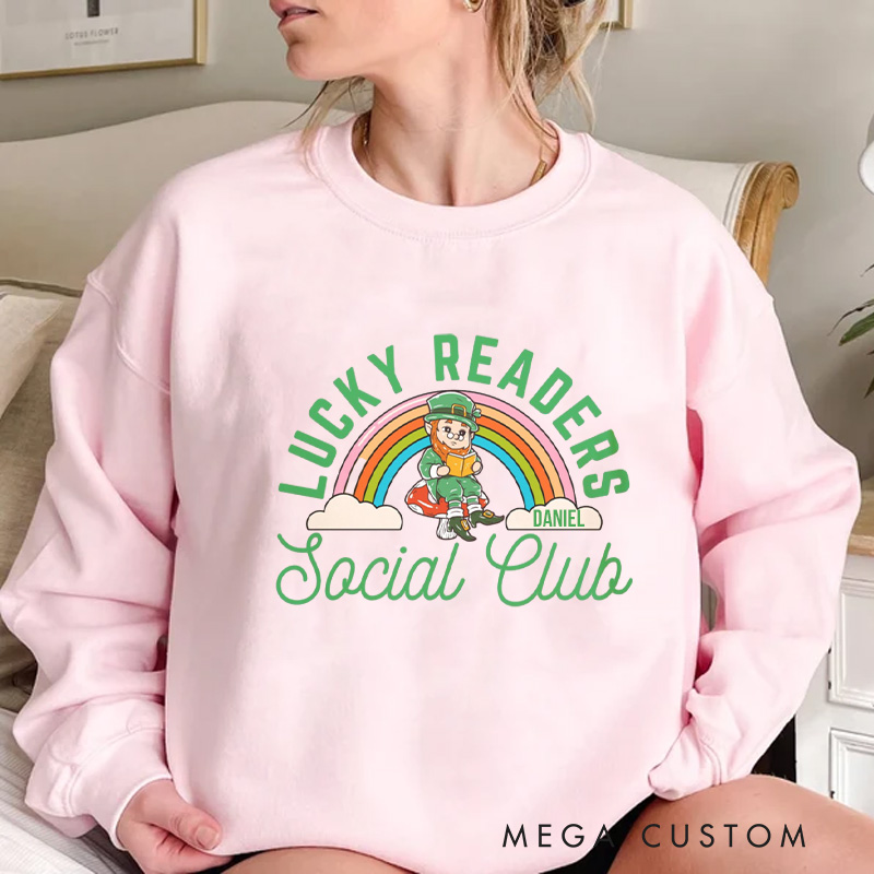 Personalized Lucky Readers Social Club Sweatshirt Rainbow Gnome Reading Sweatshirt with Name St. Patrick Day Gift for Librarian Book Lover Irish Friends