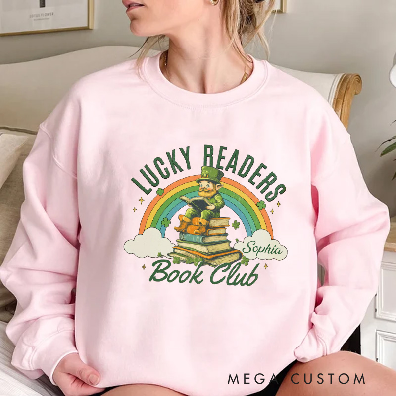 Personalized Lucky Readers Book Club Sweatshirt Rainbow Gnome Reading Sweatshirt with Name St. Patrick Day Gift for Librarian Book Lover Irish Friends