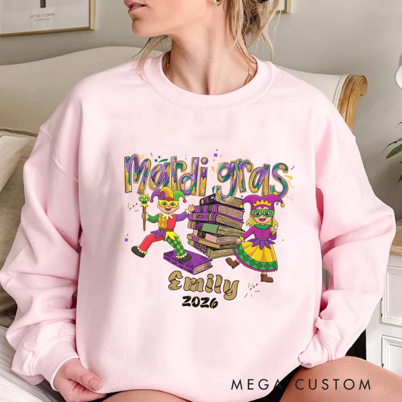 Personalized Mardi Gras Sweatshirt Jesters and Books Carnival Reading Sweatshirt with Name Gift for Book Lover Bookworm Reader