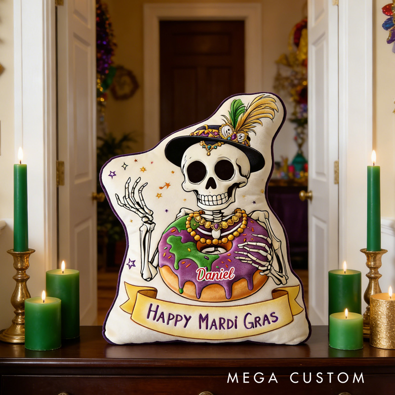 Personalized Mardi Gras King Cake Throw Pillow Graphic 3D Print Skeleton Cake Pillow with Name Mardi Gras Gift for Girl Boy Kids Pillow Baking Lover Gifts