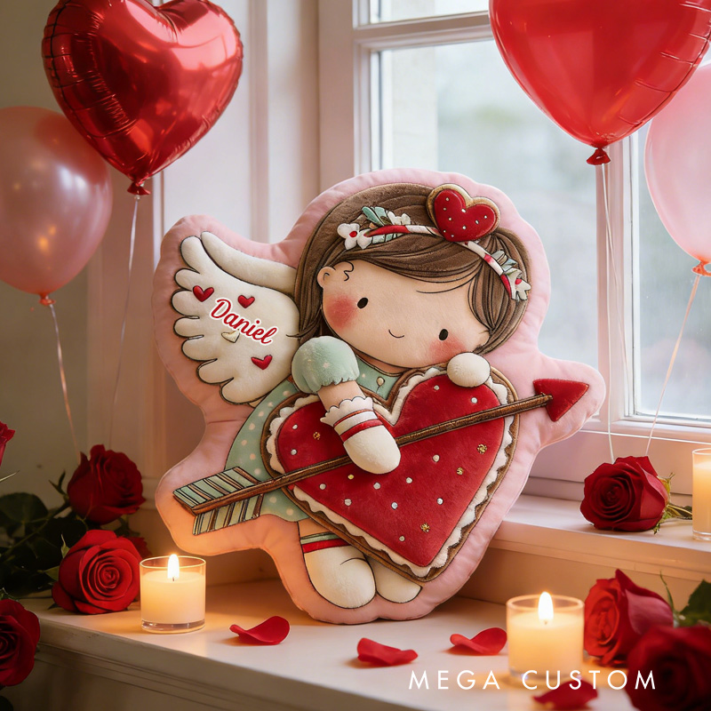 Personalized Cute Cookie Girl Throw Pillow Graphic 3D Print Girl with Red Heart Pillow with Name Valentine's Day Gift for Girl Boy Kids Pillow Baking Lover Gifts