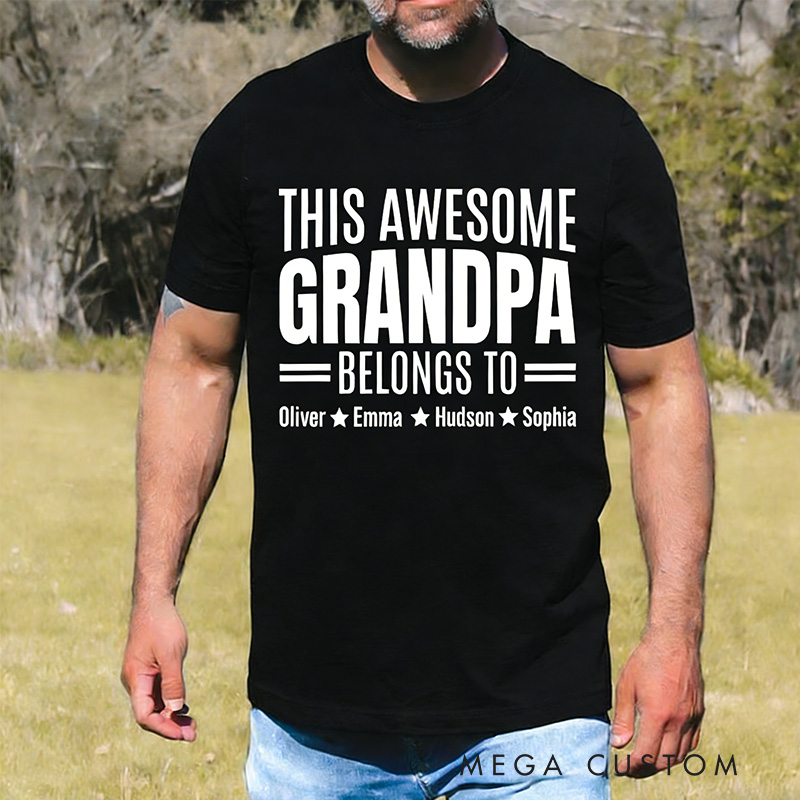 Personalized Grandpa T-Shirt Custom This Awesome Grandpa Belongs To Gift for Grandfather Father's Day Birthday Comfortable Cotton Shirt for Men