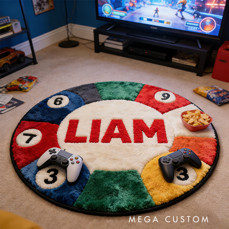 Personalized Pool Ball Rug with Custom Name and Vibrant Colors for Billiard Fans