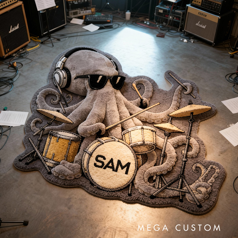 Personalized 2D Flat Octopus Drummer Rug for Music Lovers Gift for Kids Music Studio