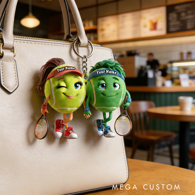 Personalized Tennis Couple Keychains with Custom Names and Cute Design