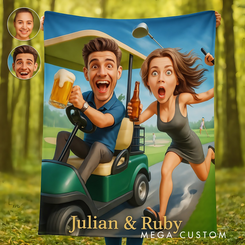 Personalized Golf Cart Blanket with Custom Couple Caricature and Names