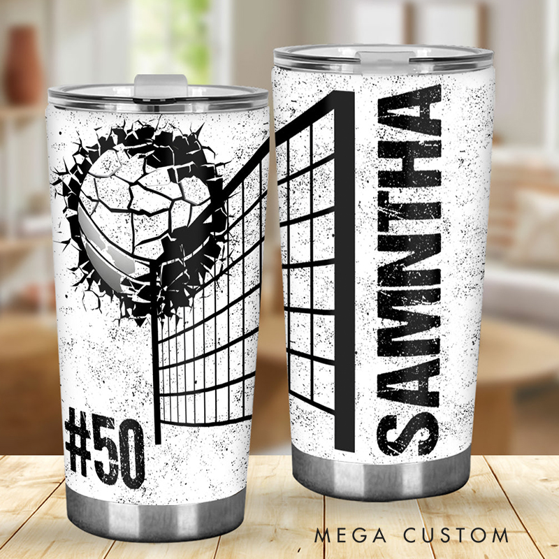Personalized Volleyball Tumbler Featuring Cracked Volleyball Artwork with Custom Name and Number for Volleyball Fans