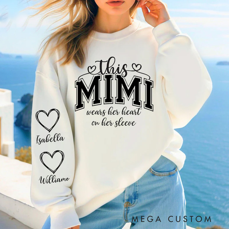 Personalized This Mama/Grandma/Nana Wears Her Heart on Her Sleeve Mama Bundle Mother's Day Custom Kids Names Mama Heart Mom Sweatshirt