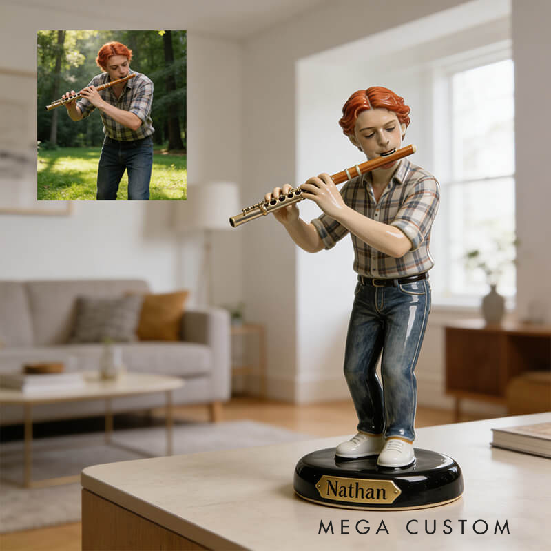Personalized 2D Flat Ceramic-Style Flute Player Desktop Figurine for Music Lovers Acrylic Plaque Gift for Kids Music Studio