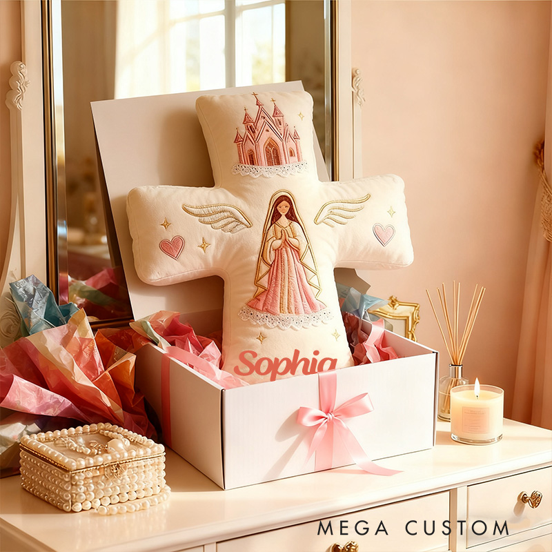 Personalized Virgin Mary Cross Pillow with Custom Name Kid Room Decor Church Cross Angel Wing Religious Faith Gift for Her Graphic 3D Print Pillow