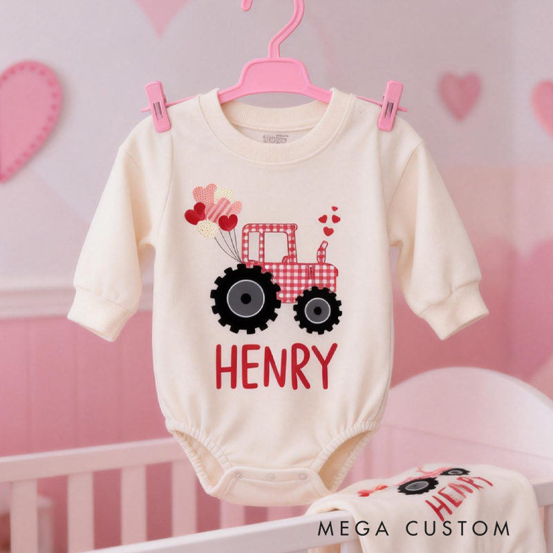 Personalized Cute Valentine's Day Tractor Bubble Romper Gift for Baby Tee Baby Girl Valentines Bodysuit