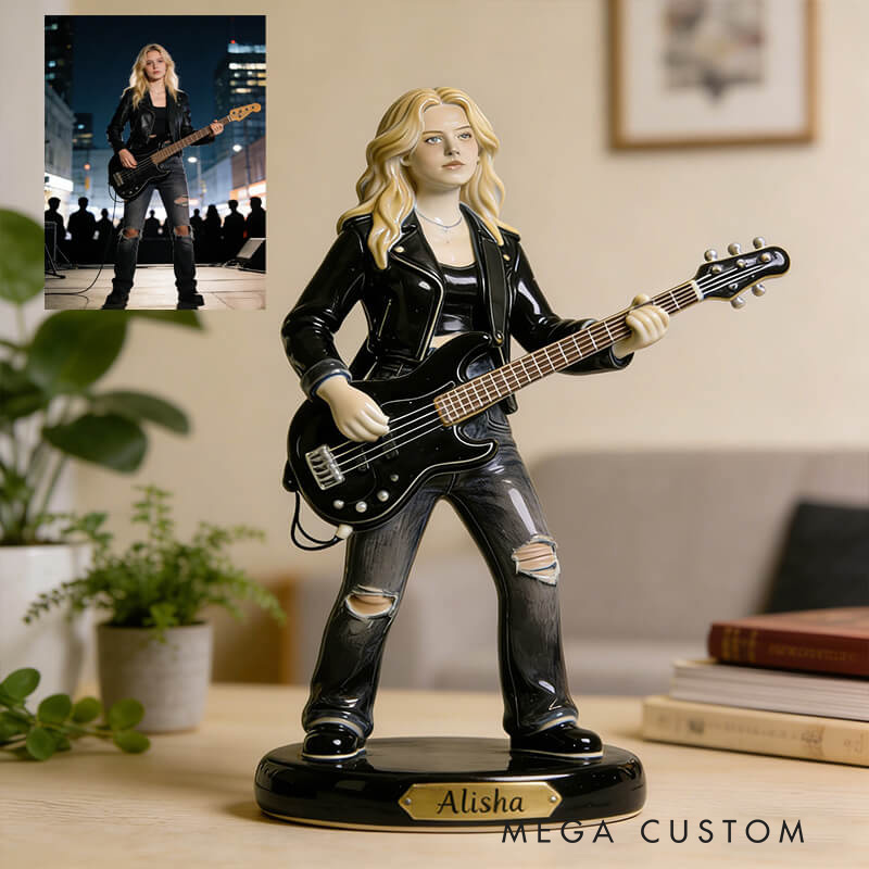 Personalized 2D Flat Ceramic-Style Bass Player Figurine for Music Lovers Acrylic Plaque Gift for Kids Music Studio