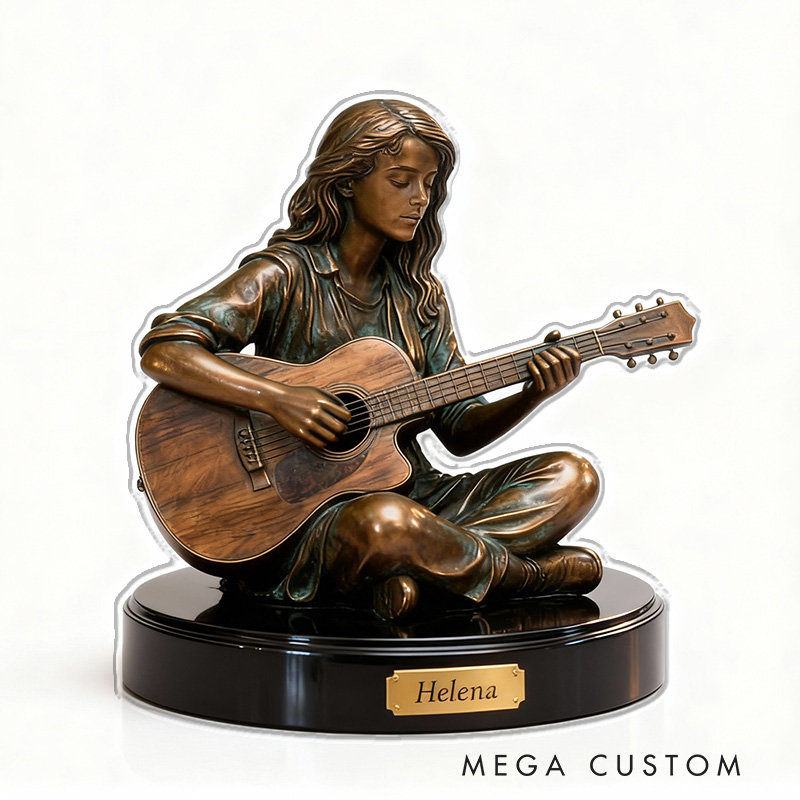 Personalized 2D Flat Guitar-Themed Photo Metal Bronze Style Desktop Figurine for Music Lovers Acrylic Plaque Gift for Kids Music Studio