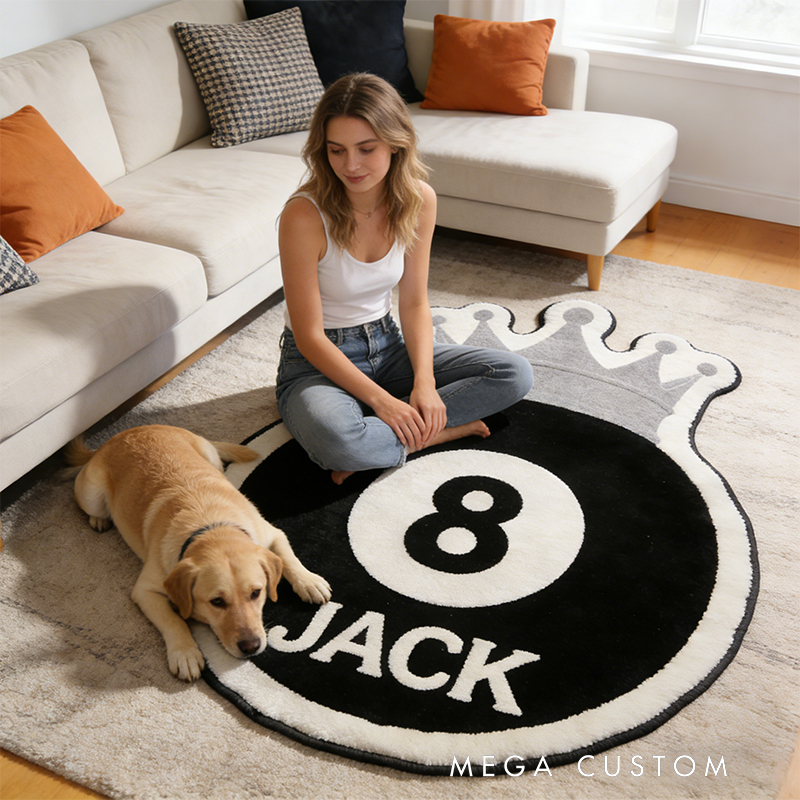 Personalized Billiards Rug with 8-Ball and Regal Crown Design and Custom Name for Pool Enthusiasts