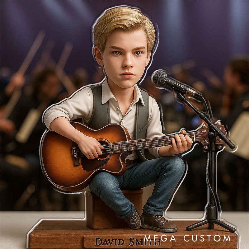 Personalized 2D Flat Cartoon Guitarist Figurine for Music Lovers Acrylic Plaque Gift for Kids Music Studio