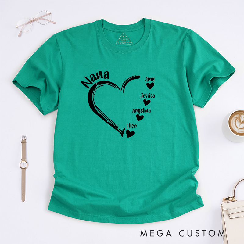 Personalized Nana T-Shirt Custom Heart Design Gift for Grandmother Mother's Day Birthday Comfortable Cotton Shirt for Women Unique Grandma