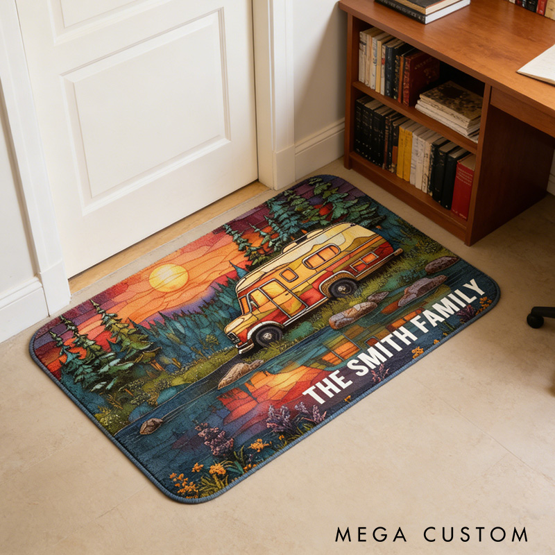 Personalized Family Camper Rug Custom Rustic Moonlit Forest Camper Rug Outdoors Camping Rug Family Gift for Adventure