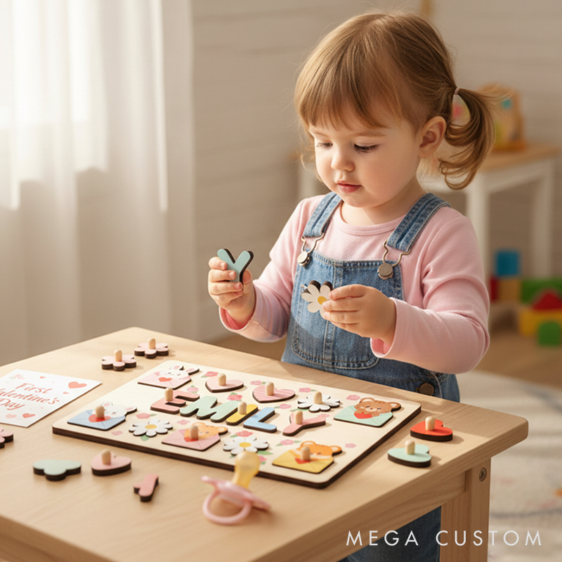 Personalized Wooden Name Puzzle for Kids Montessori Valentine's Gift with Custom Wooden Letters and Adorable Design Toddler Learning Toy