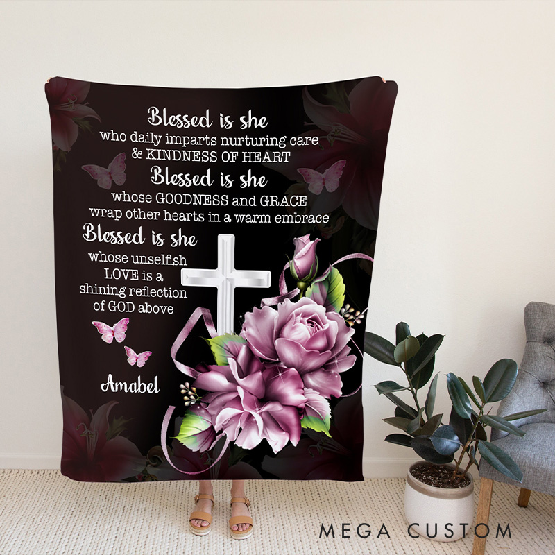 Personalized Blessed is She Soft Throw Blanket with Custom Name Christian Gifts for Women Cross Rose Inspirational Gifts for Her Religious Gifts