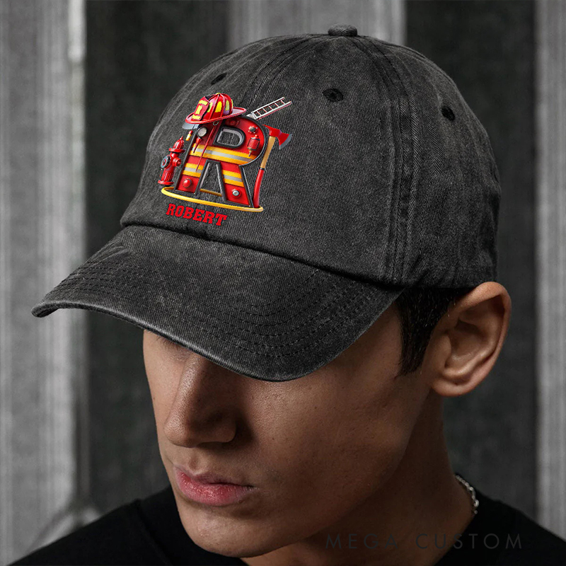 Personalized Firefighter Gifts Custom Name and Initial Alphabet Cap Firefighter Washed Denim Hat Fireman Letter Baseball Cap
