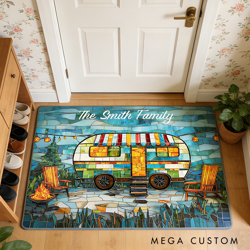 Personalized Stained Camper Rug Rv Life Rug Family Camper Rug Decor Gift for Outdoor Lovers