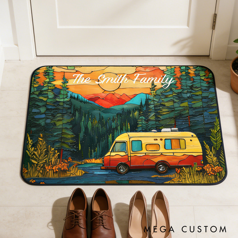 Personalized Scenic Camper Van Rug Stained Camper Rug Decor Family Outdoors Camping Rug Gift for Camping Lover
