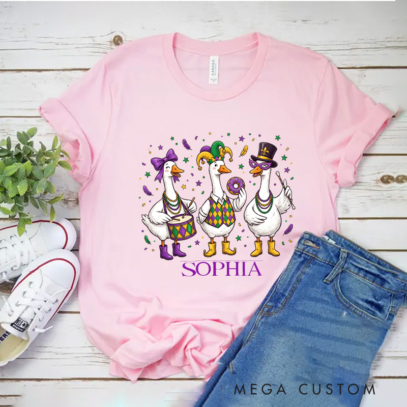 Personalized Mardi Gras Goose Sublimation Classic T-shirts King Cake Donut Shirt with Name Louisiana Tee Carnival Coquette Tee for Baker Baking Lover