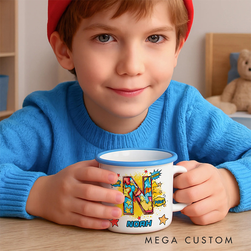 Personalized Comic Initial 12oz Enamel Mug with Initial and Name Back to School Birthday Easter Gift for Kids