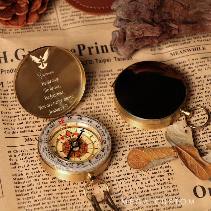 Personalized Be Strong and Courageous Joshua 1:9 Luminous Compass with Custom Name and Bible Verse Religious Gift Christian Gift Faith Gift for Him