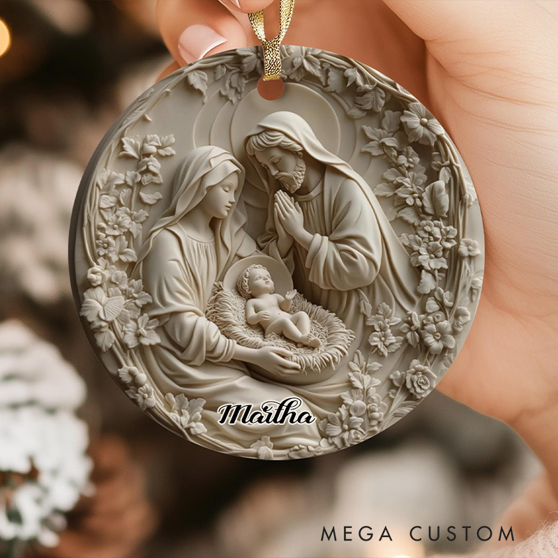 Personalized Nativity Ceramic Christmas Ornament for Christmas with Custom Name Religious Home Décor Faux 3D Holy Family Keepsake Christian Gift