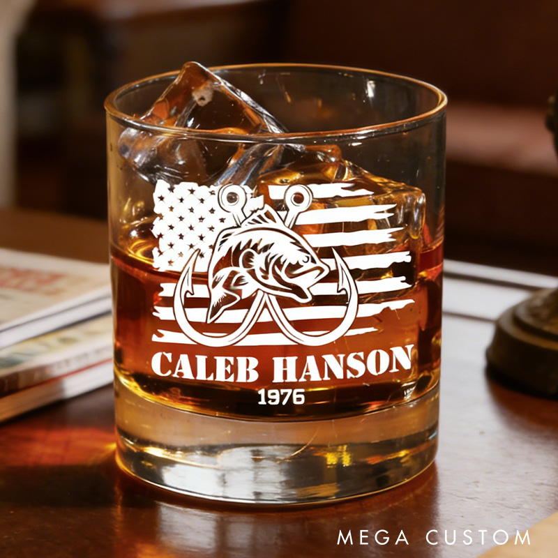 Patriotic Fishing Whiskey Glass Fisherman Outdoors Whiskey Glasses Fishing Gifts for Man Husband