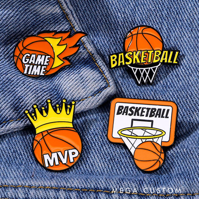 Personalized Basketball Themed Pins Featuring Basketball Hoops and Crowns