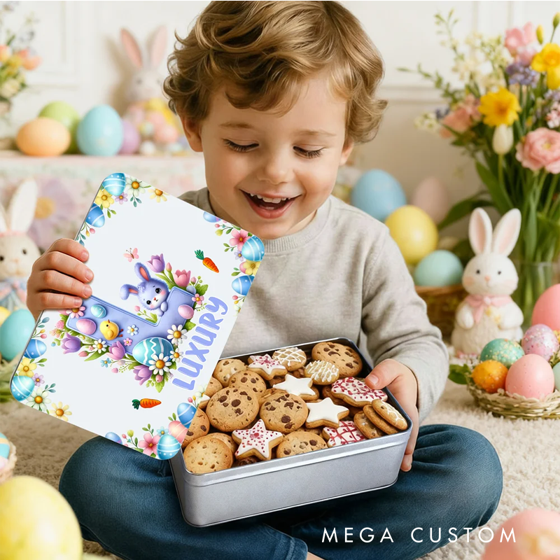 Personalized Cute Cartoon Bunny Easter Eggs Food Grade Metal Biscuit Tin Storage Box with Name Easter Gift for Family Kids