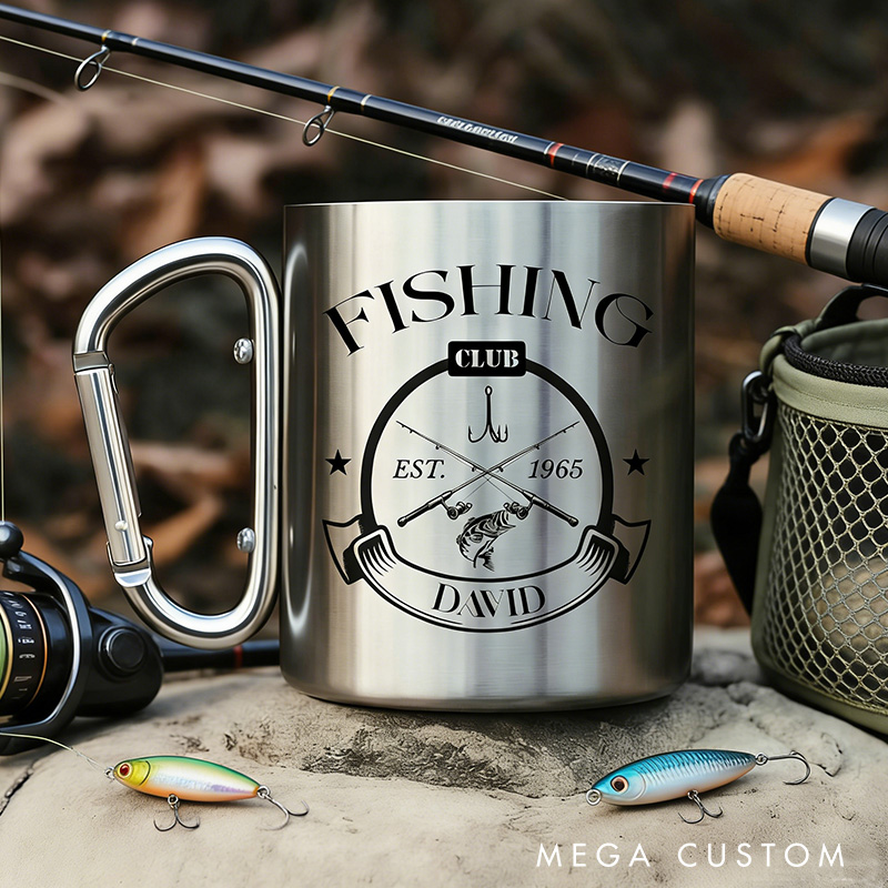 Personalized Fishing Mug Custom Stainless Steel Carabiner Cup Camping Mug Nature Coffee Mug Fishing Gift for Dad Husband
