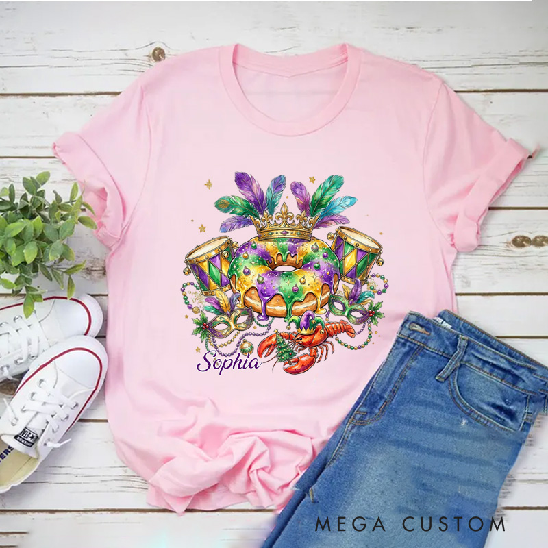 Personalized Mardi Gras King Cake Classic T-shirts Louisiana Carnival Graphic Tee with Name Fat Tuesday Festival Top for Donut Lover Baker Baking Lover