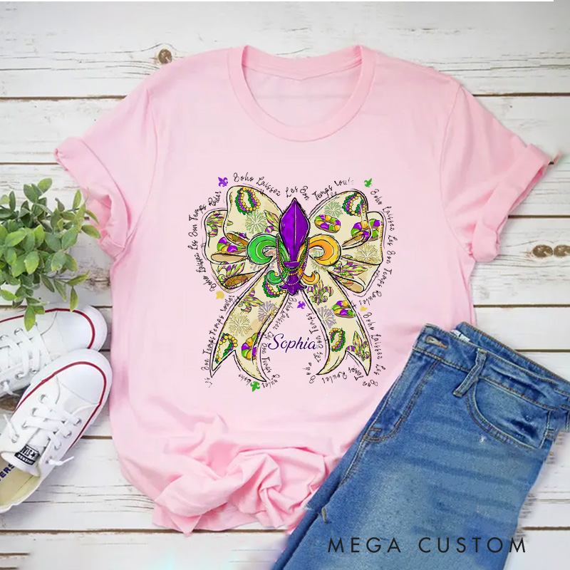 Personalized Mardi Gras Donut Bow Classic T-shirts Mardi Gras King Cake Tee with Name Fat Tuesday Festival Top for Donut Lover Baker Baking Lover