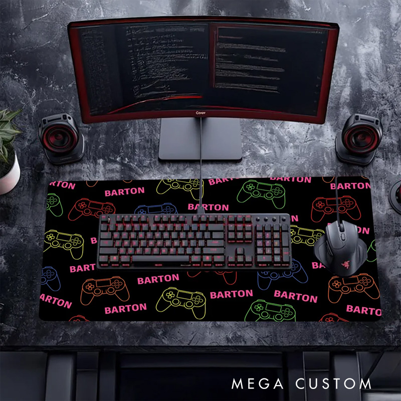 Personalized Neon Gamepad Design Non-Slip Large-Size Mouse Pad Desk Mat with Name Birthday Gift for Game Lover Students Colleagues Friends
